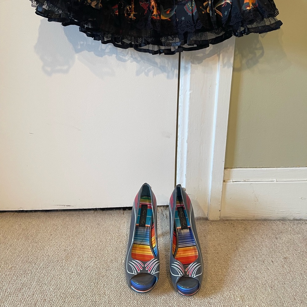 Iron Fist rockabilly stilettos. Chrome heel with dice charm!